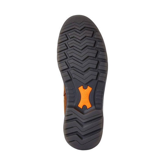 Black boot outsole with herringbone tread and orange center insert