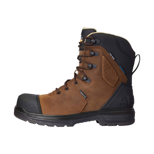 Brown and black insulated work boot with laces, composite toe, and waterproof markings