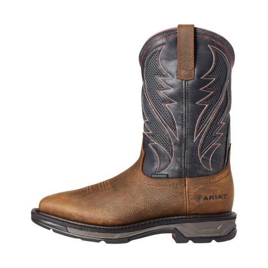 Brown and black cowboy work boot with stitched shaft and lug sole