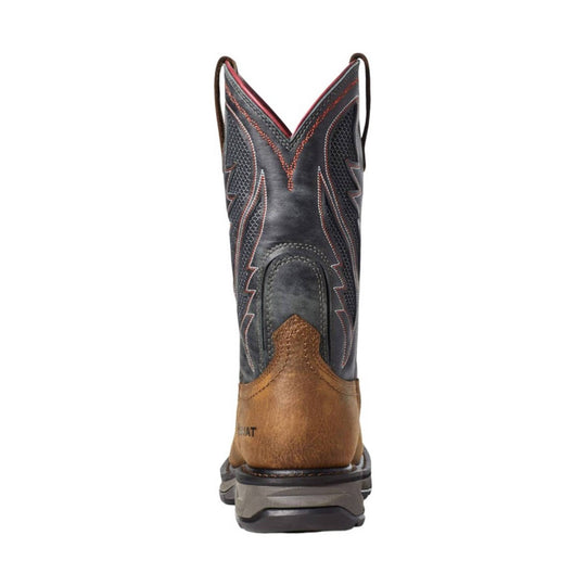 Black and brown western work boot shown from the back