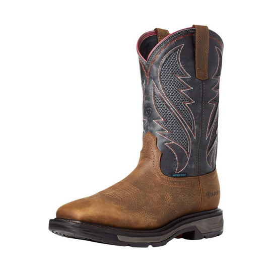 Brown leather pull-on work boot with a square toe and black outsole