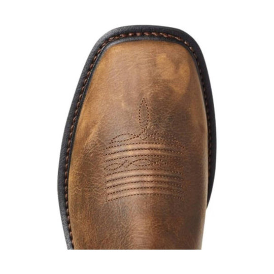 Brown leather square-toe boot with dark stitched trim