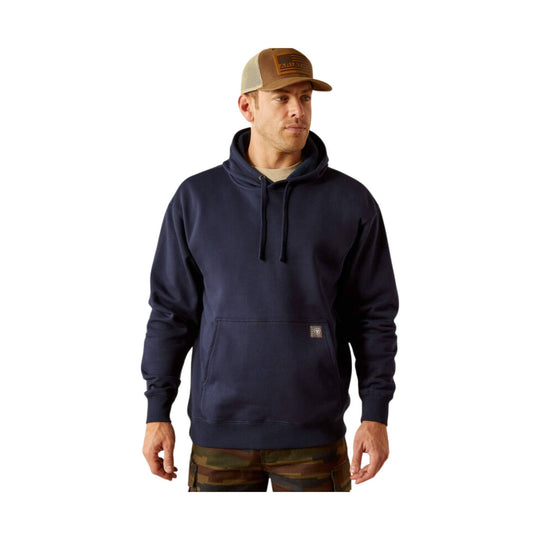 Navy pullover hoodie with kangaroo pocket and drawstring hood