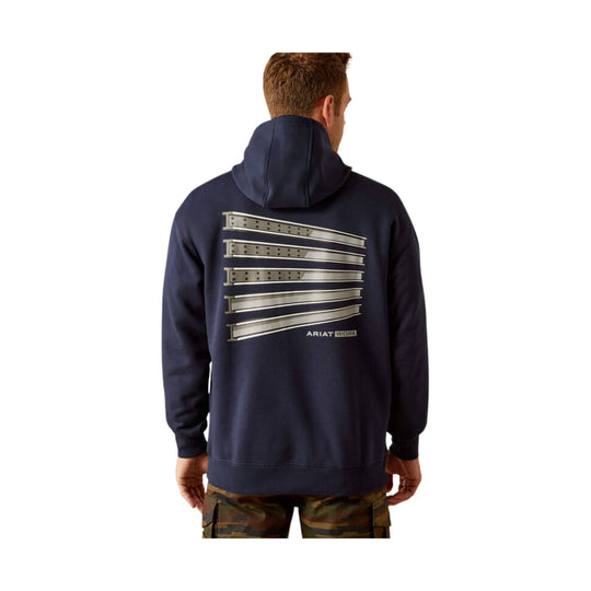 Navy hooded sweatshirt with large metallic bar graphic on the back and small ARIAT WORK text