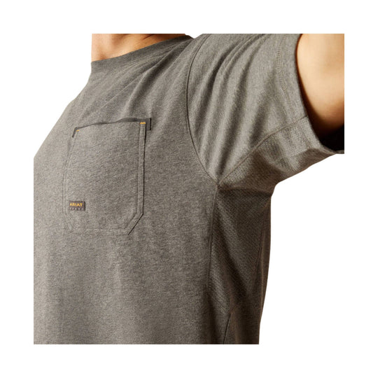 Gray heather short-sleeve T-shirt with chest pocket and visible ARIAT patch