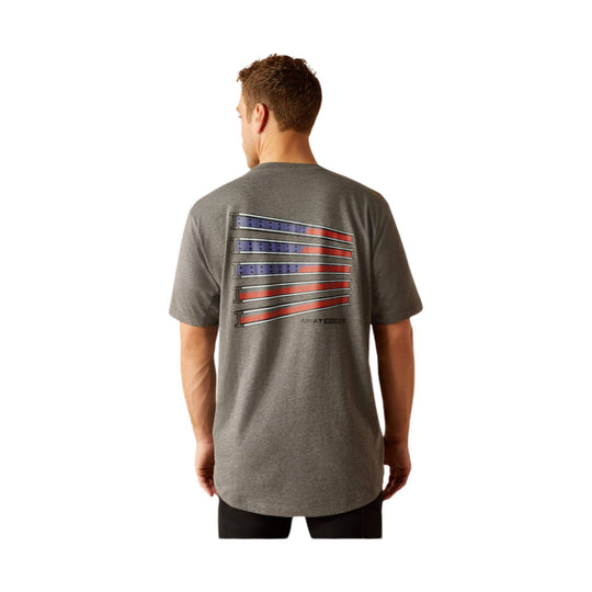 Gray short-sleeve T-shirt with a distressed American flag graphic on the back and small ARIAT WORK text