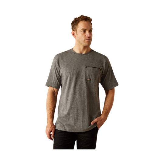 Gray short-sleeve T-shirt with a chest pocket and small logo patch