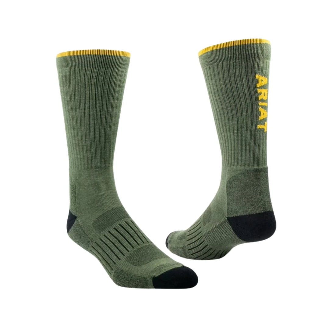 Olive green crew socks with yellow trim, heel and toe cushioning, shown in front and side views