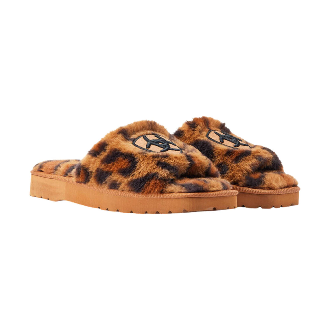 Leopard-print faux-fur slide sandals with thick tan platform soles