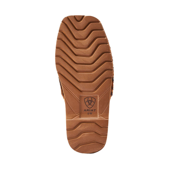 Brown rubber boot sole with wavy tread pattern and Ariat logo