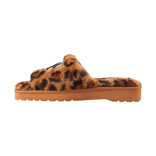 Leopard-print fuzzy slide sandal with thick tan platform sole