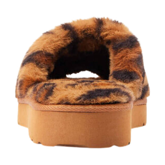 Leopard-print faux-fur slide slipper with tan platform sole, shown from the back