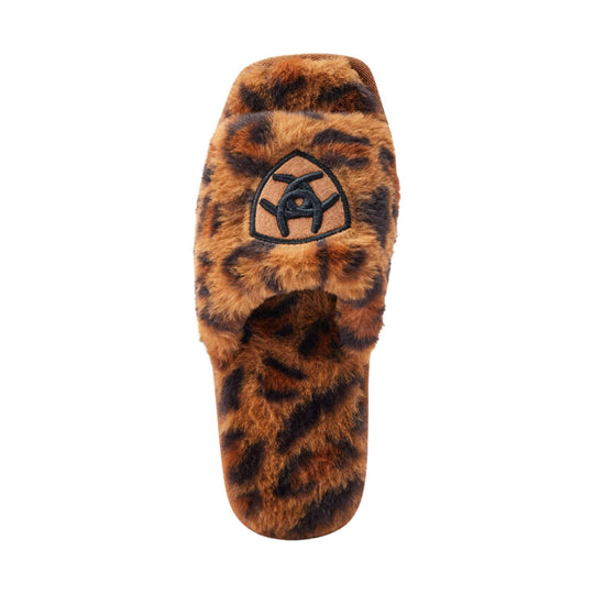 Leopard-print faux fur slide slipper with embroidered logo on the upper