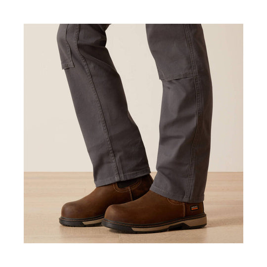 Grey straight-leg work pants over brown work boots