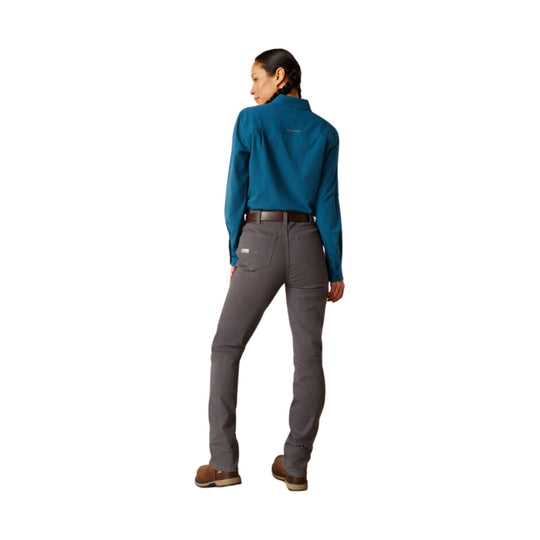 Grey straight-leg work pants shown from the back with double front panels and back pockets