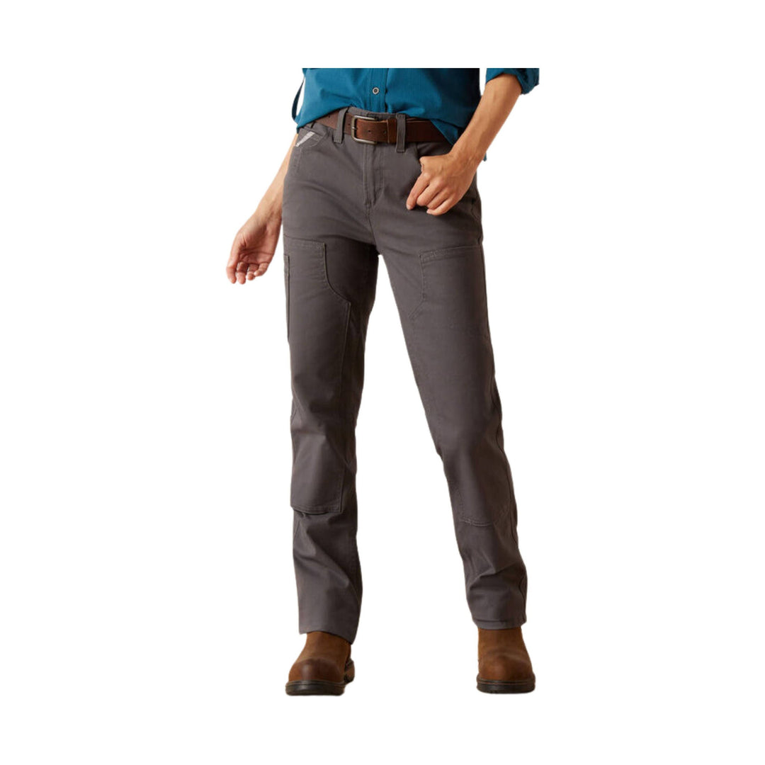 Gray straight-leg work pants with reinforced knees and a brown belt