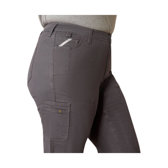 Gray straight-leg work pants with cargo pocket and front utility stitching, shown from the side