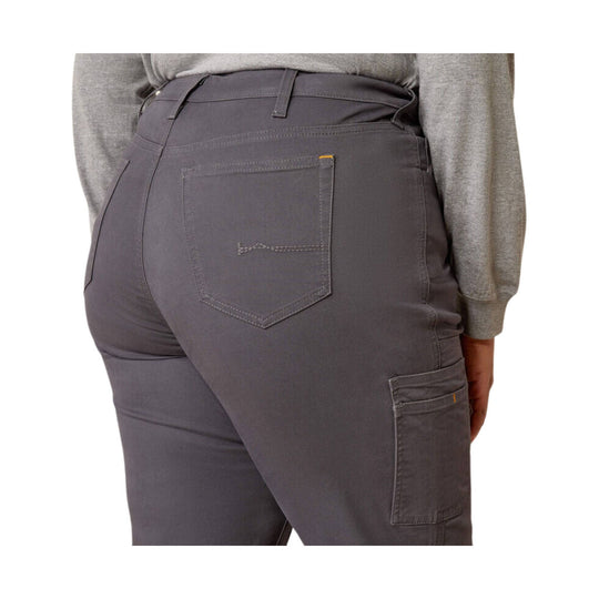 Gray women’s work pants shown from the back, with a rear patch pocket and cargo pocket on the leg