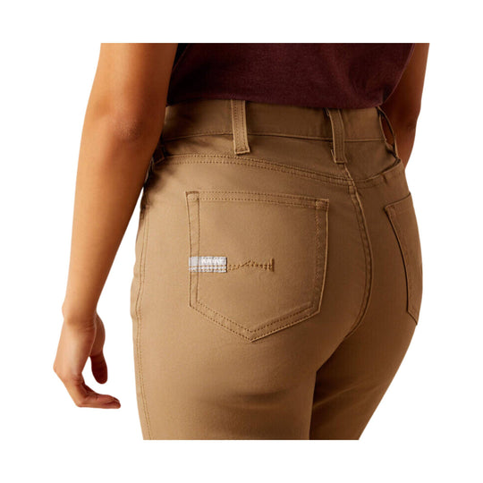 Tan straight-leg pants shown from the back with stitched rear pockets