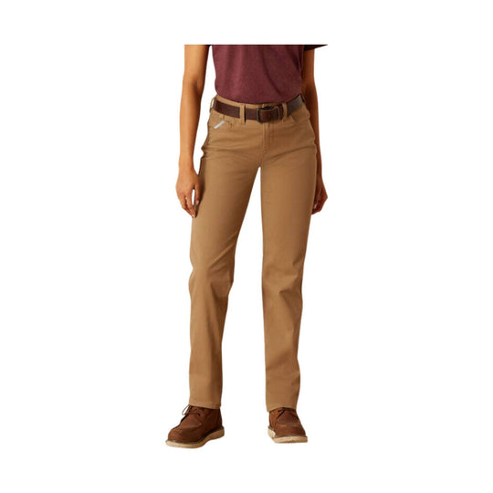 Tan straight-leg pants on a model, shown front view with a brown belt