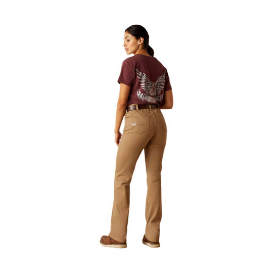 Tan straight-leg work pants shown from the back on a model, with a belt and rear pocket stitching