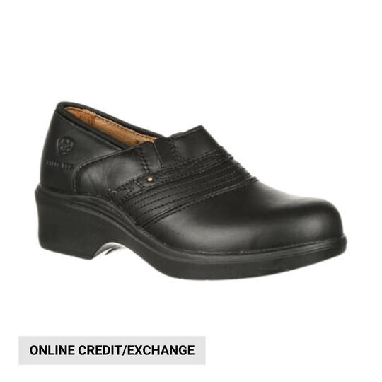 Black leather slip-on clog with stitched detailing and thick sole