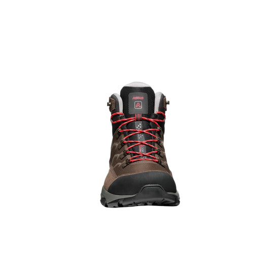 Brown and black hiking boot with red laces, shown front-facing.