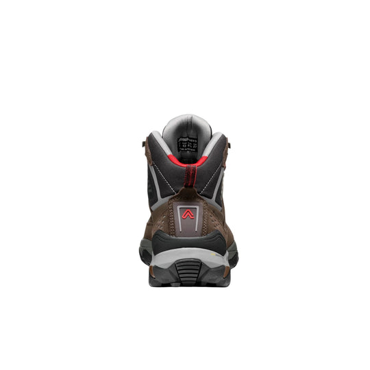 Rear view of a brown and black hiking boot with gray heel support, red pull tab, and chunky tread