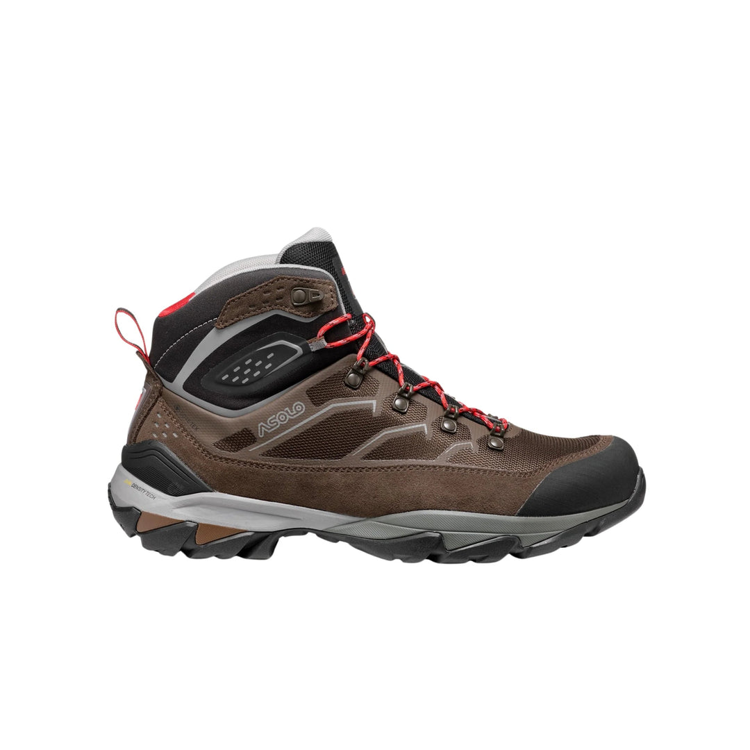 Brown mid-height hiking boot with black toe cap, red laces, and rugged lug sole