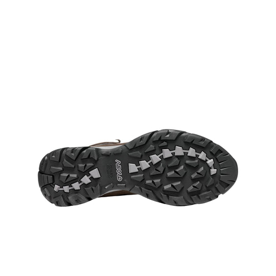 Black lugged hiking boot outsole with gray traction inserts and Asolo branding