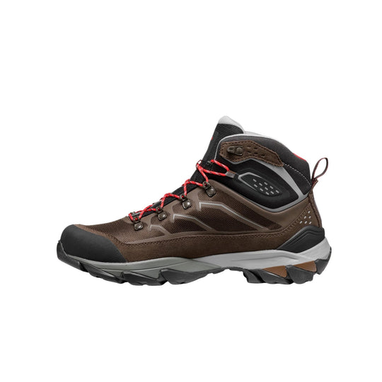 Brown and black mid-height hiking boot with red laces and a rugged black sole, shown in side profile