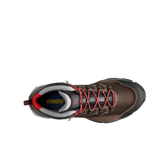 Brown and black hiking boot with red laces, shown from above, with ASOLO and CADIA visible on the tongue
