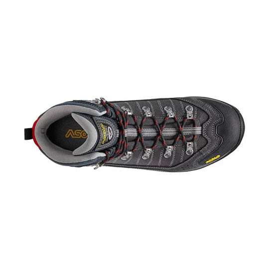 Gray and black hiking boot with red lacing, metal hooks, and a thick treaded sole, shown from above.