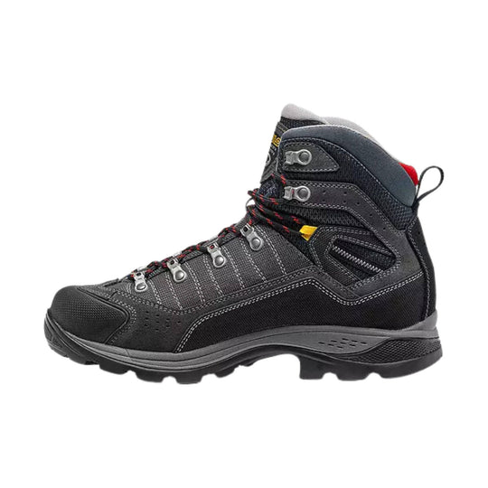 Black and gray high-top hiking boot with metal eyelets, red laces, and a lugged sole