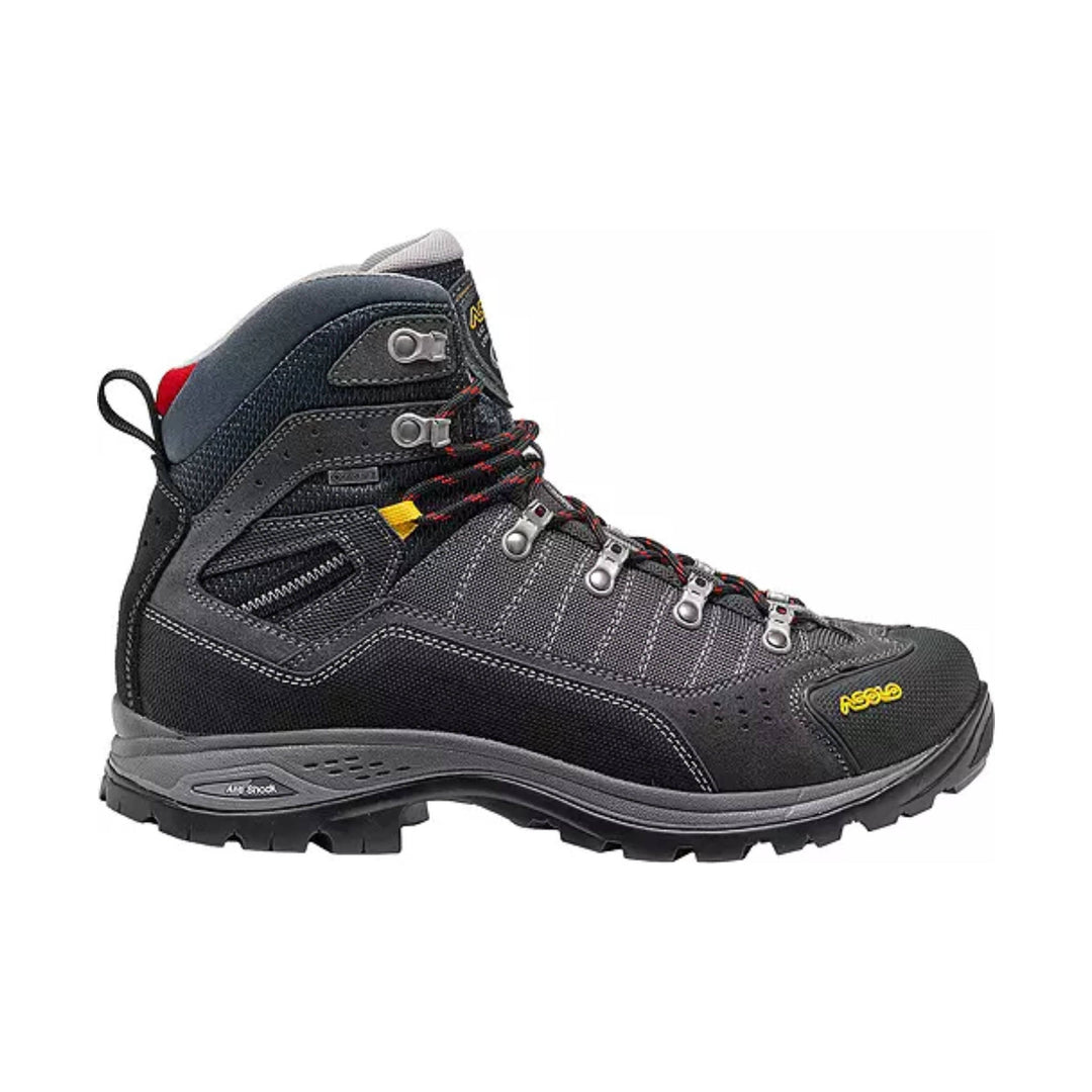 Black and gray mid-height hiking boot with red-and-black laces and metal eyelets