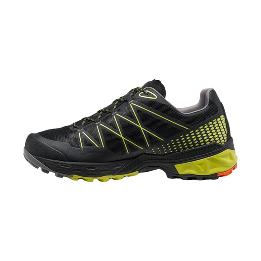 Black low-top hiking shoe with neon yellow accents and rugged outsole