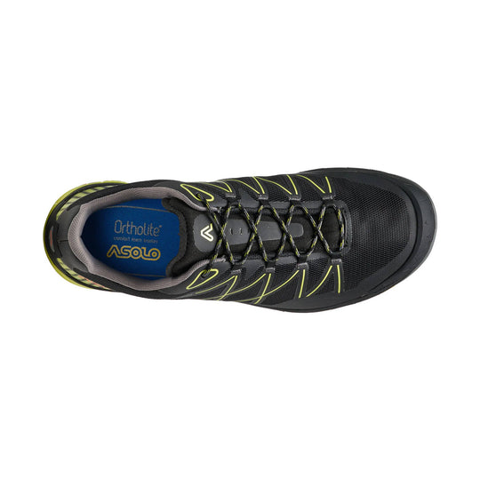 Black low-cut hiking shoe with yellow accents, black laces, and blue insole branding.