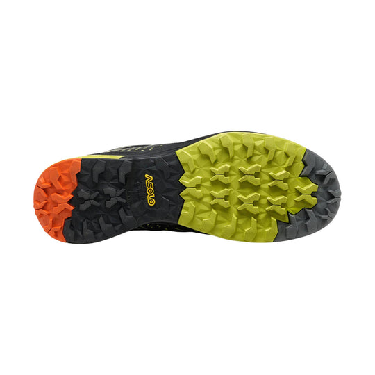 Trail shoe outsole with black, lime green, gray, and orange tread and Asolo branding