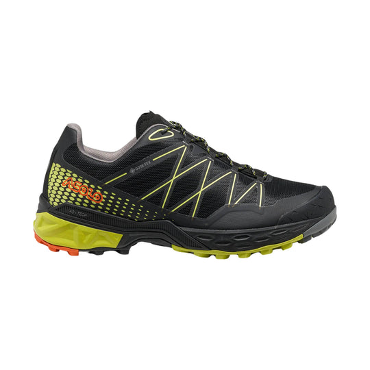 Black low-cut hiking shoe with lime accents, orange heel detail, and GORE-TEX marking