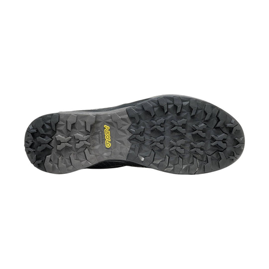 Black lugged hiking shoe outsole with an ASOLO logo