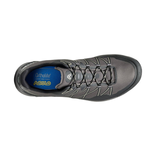 Gray and black hiking shoe with blue Ortholite insole and bungee laces, top view