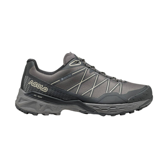 Gray and black low-cut hiking shoe with laces, rugged outsole, and visible ASOLO and GORE-TEX branding