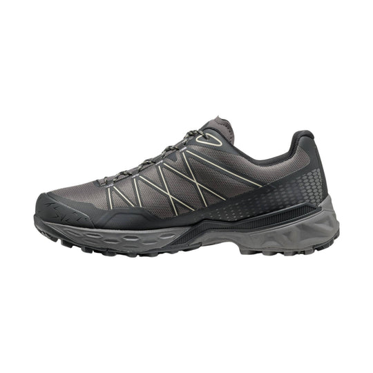 Dark gray and black low hiking shoe with mesh upper, beige line accents, and rugged treaded sole