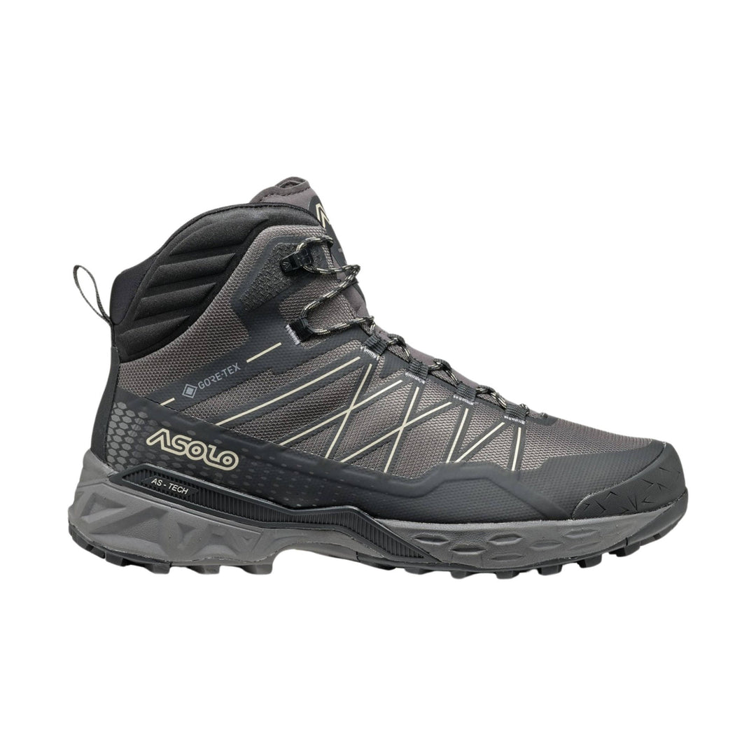 Gray and black mid-height hiking boot with lace-up closure and rugged tread sole