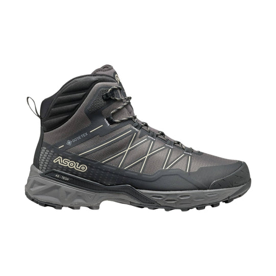 Gray and black mid-height hiking boot with lace-up closure and rugged tread sole
