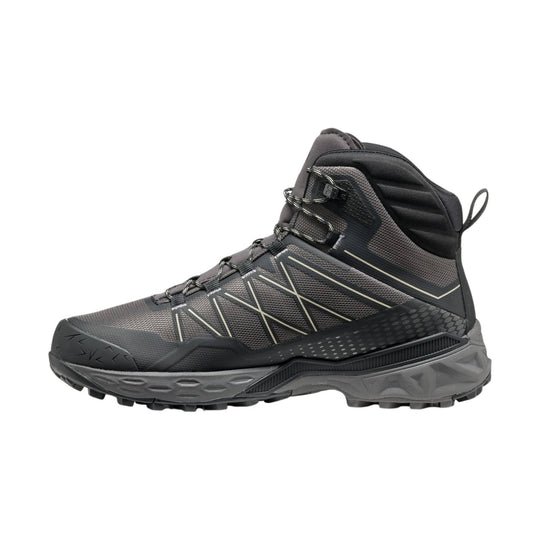 Gray and black mid-height hiking boot with lace-up front, padded ankle collar, and rugged lug sole