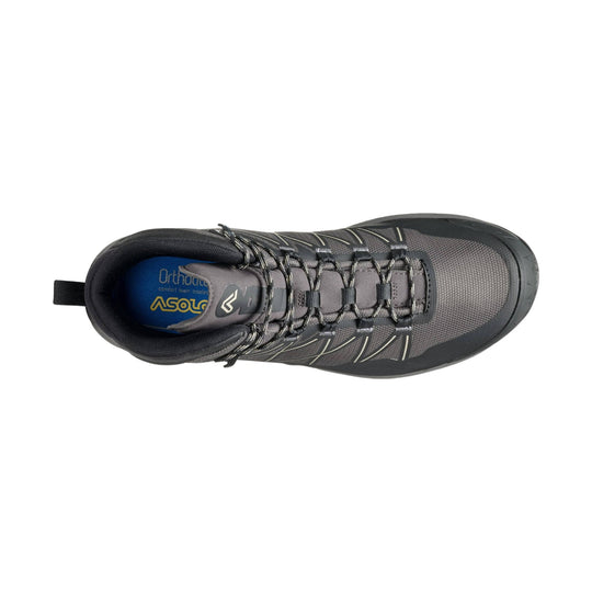 Top view of a gray and black hiking boot with bungee laces and a blue insole.