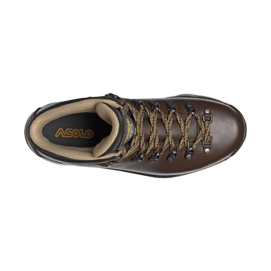 Brown leather hiking boot with bungee laces and padded beige collar, top view