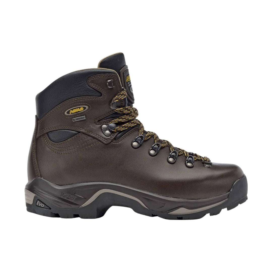 Brown and black leather hiking boot with yellow-and-black laces and a rugged treaded sole