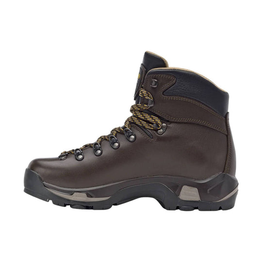 Brown leather hiking boot with black rubber sole and yellow-black laces
